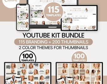 YouTube Kit Bundle | 115 Branding Kit + 200 Thumbnails (Editable in Canva) Beige