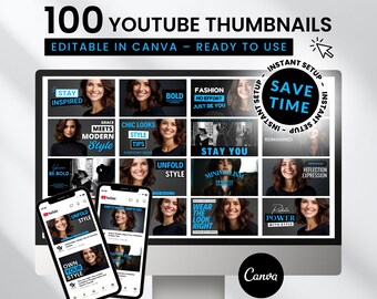 100 Beauty & Fashion YouTube Thumbnails: Editable Canva Templates (Digital Download)