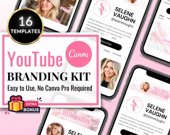 Pink YouTube Channel Branding Kit: Canva Templates, Thumbnails, Banners