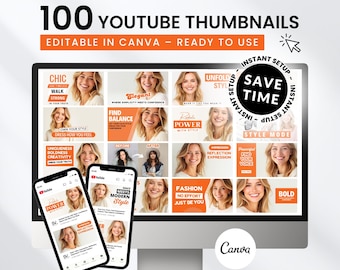 100 Beauty & Fashion YouTube Thumbnails, Editable Canva Templates (Digital Download)
