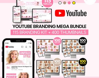 YouTube Branding Mega Bundle | 115 Branding Kit + 400 Thumbnails (Editable in Canva) Pink