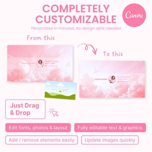 May include: Pink graphic with the text "COMPLETELY CUSTOMIZABLE" and "Canva" logo. The image shows a before-and-after example of a design, with options to edit fonts, photos, layout, and graphics. It also highlights the ability to add/remove elements and update images quickly.