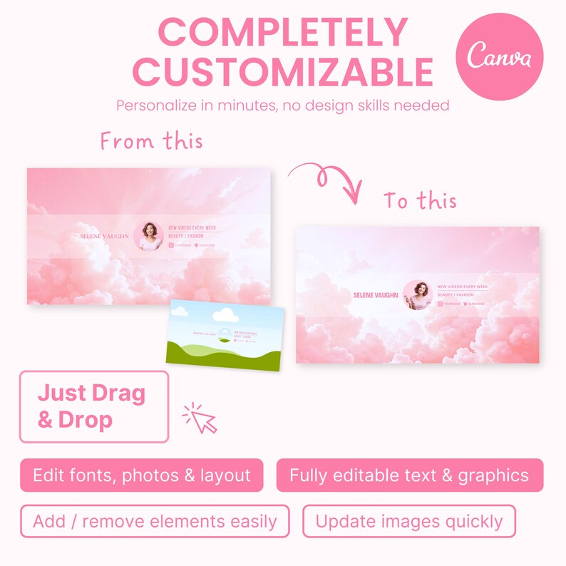 May include: Pink graphic with the text "COMPLETELY CUSTOMIZABLE" and "Canva" logo. The image shows a before-and-after example of a design, with options to edit fonts, photos, layout, and graphics. It also highlights the ability to add/remove elements and update images quickly.