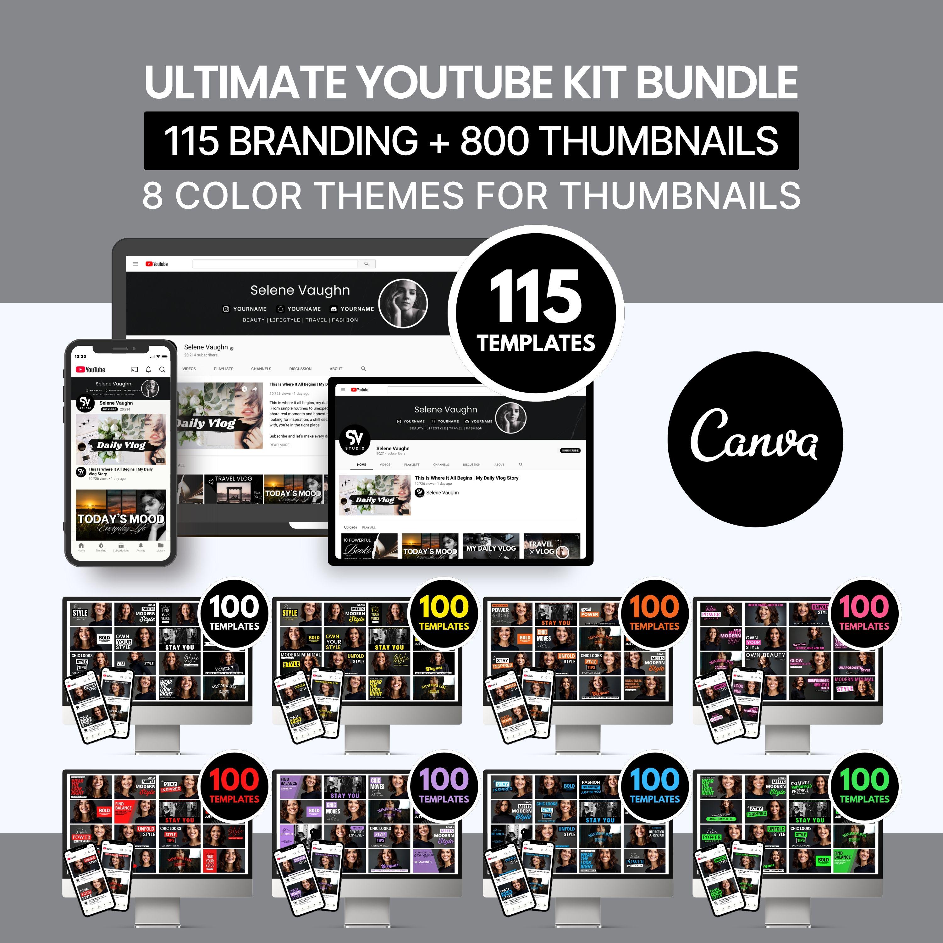 Ultimate YouTube Kit Bundle | 115 Branding Kit + 800 Thumbnails (Editable in Canva) Black