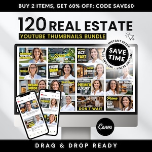 120 miniaturas de YouTube sobre bienes raíces: Kit de plantillas de Canva (descarga digital) Amarillo