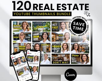 120 Real Estate YouTube Thumbnails: Canva Template Kit (Digital Download) Yellow