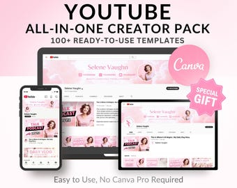 Puede incluir: Un gráfico de marketing digital para creadores de YouTube. La imagen presenta una computadora portátil, una tableta y un teléfono inteligente que muestran plantillas de canales de YouTube. El diseño es predominantemente rosa y blanco, con el texto "YOUTUBE ALL-IN-ONE CREATOR PACK".