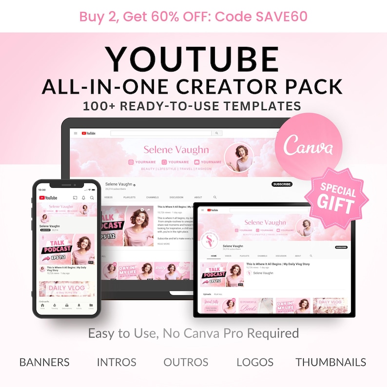 May include: A digital marketing graphic for YouTube creators. The image features a laptop, tablet, and smartphone displaying YouTube channel templates. The design is predominantly pink and white, with the text "YOUTUBE ALL-IN-ONE CREATOR PACK".