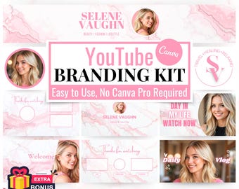 May include: A pink and white marble background with a pink banner that says "YouTube Branding Kit" and "Easy to Use, No Canva Pro Required". The banner is surrounded by various images of a woman, including a headshot, a close-up of her face, and a full-body shot. The images are all in a circle shape. There is also a pink and white marble background with a pink banner that says "Selene Vaughn" and "Lifestyle & Travel Blog".