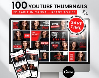 May include: A computer monitor and two smartphones displaying YouTube thumbnails. The monitor shows a grid of thumbnails with text like "Wear the Look Right" and "Find Balance." The smartphones display similar thumbnails. The text "100 YouTube Thumbnails" is visible.