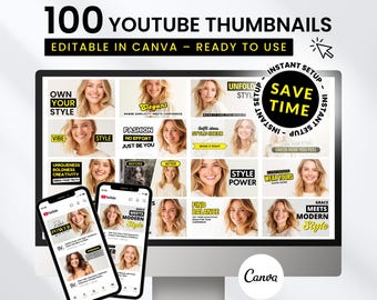 100 Beauty & Fashion YouTube Thumbnails, Editable Canva Templates (Digital Download)