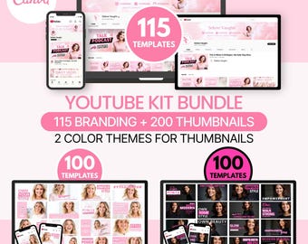YouTube Kit Bundle | 115 Branding Kit + 200 Thumbnails (Editable in Canva) Neon Pink