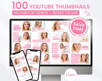 100 Pink YouTube Thumbnail Templates: Beauty & Fashion (Canva, Digital Download)