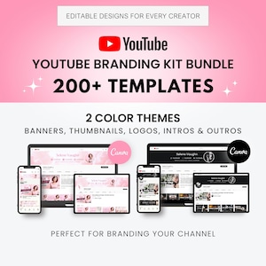 Kit de marca do YouTube: modelos de arte de canal rosa e preto (download digital editável do Canva)