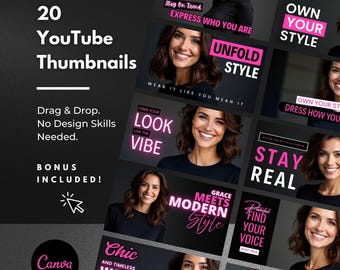 Canva YouTube Thumbnail Templates: Black & Pink Fashion Branding Kit (Digital Download)