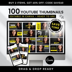 Pode incluir: Um monitor de computador e dois smartphones exibindo miniaturas do YouTube. O monitor mostra uma grade de miniaturas com texto como "Stay Inspired" e "Unfold Style". Os smartphones também exibem miniaturas. O texto na tela diz "100 YouTube Thumbnails" e "Editable in Canva."