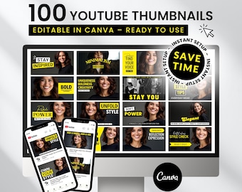 May include: A computer monitor and two smartphones displaying YouTube thumbnails. The monitor shows a grid of thumbnails with text like "Stay Inspired" and "Unfold Style." The smartphones also display thumbnails. Text on the screen reads "100 YouTube Thumbnails" and "Editable in Canva."