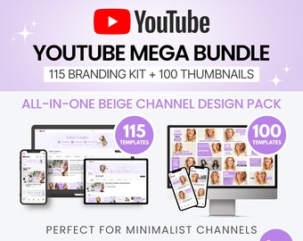 Purple YouTube Branding Bundle: Channel Art & Thumbnails (Canva Editable Digital Download)