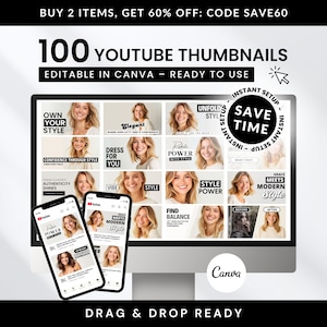 100 Fashion & Beauty YouTube Thumbnail Templates: Editable Canva Layouts (Digital Download)