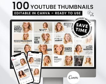 100 Fashion & Beauty YouTube Thumbnail Templates: Editable Canva Layouts (Digital Download)
