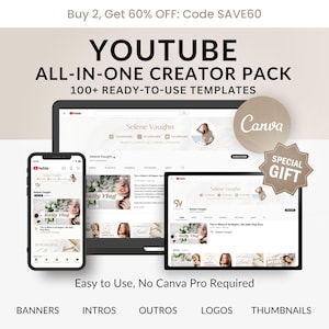 100+ Beige YouTube Channel Branding Kit: Banners, Intros, Thumbnails (Canva Template)