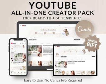 以下が含まれることがあります： YouTubeクリエイター向けのデジタル製品バンドル。画像には、YouTubeチャンネルテンプレートを表示するラップトップ、タブレット、スマートフォンが表示されています。「YOUTUBE ALL-IN-ONE CREATOR PACK」と「100+ READY-TO-USE TEMPLATES」というテキストが含まれています。