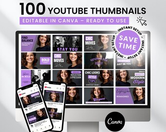 100 Beauty & Fashion YouTube Thumbnails, DIY Canva Templates (Digital Download)