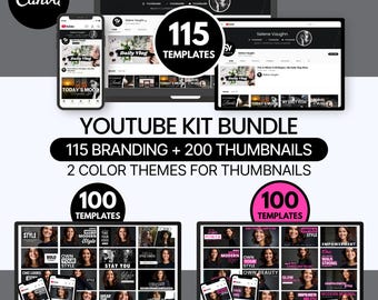 YouTube Kit Bundle | 115 Branding Kit + 200 Thumbnails (Editable in Canva) Black Neon Pink