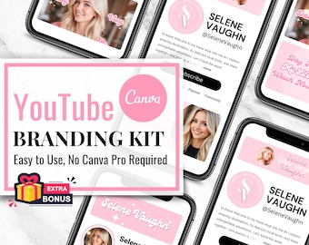 May include: A pink and white YouTube branding kit for Canva with the text "YouTube Branding Kit" and "Easy to Use, No Canva Pro Required". The kit includes a logo, channel art, and other graphics. There is also a pink gift box with the text "Extra Bonus".