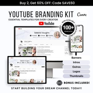 Puede incluir: Un kit de branding de YouTube con plantillas esenciales para creadores. La imagen muestra una computadora de escritorio, una tableta y un teléfono inteligente que muestran diseños de canales de YouTube. Incluye banners, intros, outros, logotipos y miniaturas. El texto de la imagen dice "Daily Vlog" y "Selene Vaughn".