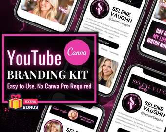 May include: A pink and white YouTube branding kit with the text "YouTube Branding Kit" and "Easy to Use, No Canva Pro Required". The kit includes a variety of templates for YouTube channel art, thumbnails, and other graphics. There is also a bonus included. The kit features a woman with blonde hair and a pink background.