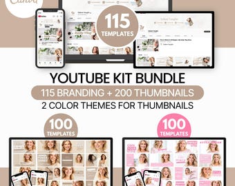 May include: A digital marketing bundle with the text "YOUTUBE KIT BUNDLE" and "115 BRANDING + 200 THUMBNAILS". The image shows a phone, tablet, and computer displaying templates. The bundle includes 115 templates and 2 color themes.