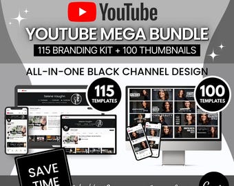 Black YouTube Branding Bundle: Channel Art & Thumbnails (Canva Editable Digital Download)