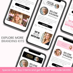 May include: Multiple smartphones displaying a YouTube channel branding kit. The screens showcase a blonde woman with the channel name "Selene Vaughn" and the text "Explore More Branding Kits". The screens have a pink and black color scheme.