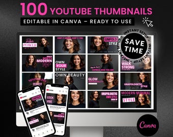 100 Fashion YouTube Thumbnail Templates: DIY Channel Branding Kit (Canva Editable, Digital Download