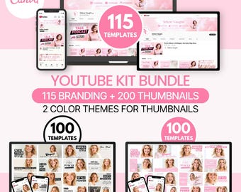 YouTube Kit Bundle | 115 Branding Kit + 200 Thumbnails (Editable in Canva) Pink DIY