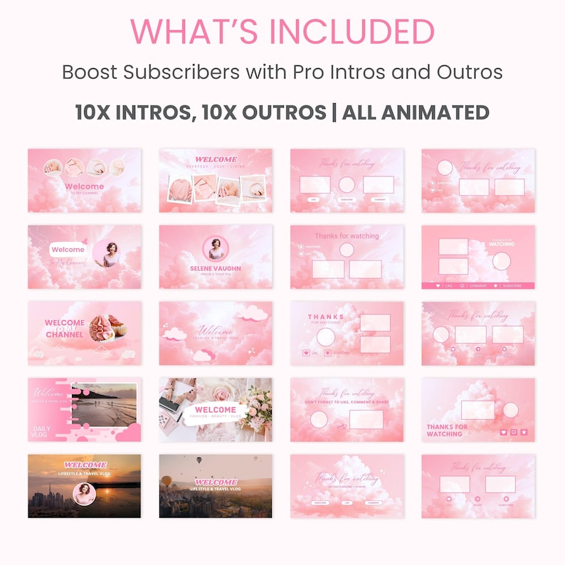 May include: A collection of pink animated video intros and outros with a cloud-like background. The text includes "Welcome", "Thanks for watching", and "Welcome Channel". The image also states "10X INTROS, 10X OUTROS | ALL ANIMATED".