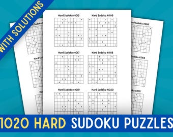 1020 Printable Sudoku Puzzle Book - Hard Level Collection with Solutions - Instant Download PDF - Large Print