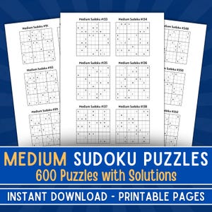 Op de afbeelding: Een set van printbare Sudoku-puzzels met oplossingen. De puzzels zijn genummerd en gerangschikt in een rasterformaat. De tekst "MEDIUM SUDOKU PUZZLES 600 Puzzles with Solutions INSTANT DOWNLOAD - PRINTABLE PAGES" staat onderaan de afbeelding.