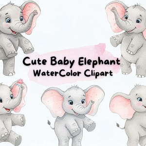 Cute Baby Elephant Watercolor Clipart - Baby Elephants Illustration - Cute Elephant PNG - Digital Download - Cartoon Elephant Clipart