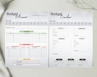 May include: Two-page budget planner and tracker with a white background. The left page is labeled "Budget Planner" and includes sections for income, expenses, and a summary. The right page, "Budget Tracker," has sections for food, miscellaneous, bills, debt, savings, and total.