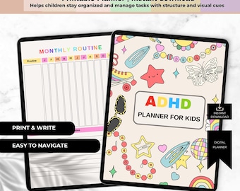 Planner ADHD per bambini, organizzatore giornaliero stampabile, monitoraggio della routine e della concentrazione, tabella dei compiti e delle faccende domestiche, diario comportamentale ed emotivo