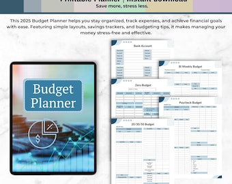 May include: A printable budget planner with a blue and white design. The planner includes sections for bank account, zero budget, bi-weekly budget, paycheck budget, and 20/30/50 budget.