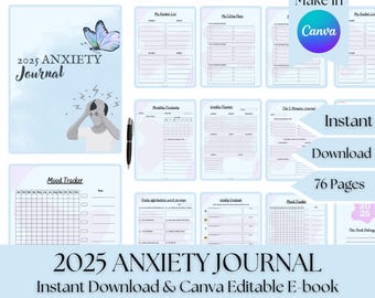 May include: A blue and purple digital printable anxiety journal with a butterfly design. The journal includes pages for mood tracking, weekly planning, gratitude, and more. The text "2025 ANXIETY JOURNAL" is displayed on the cover. The text "Instant Download & Canva Editable E-book" is displayed below the title.