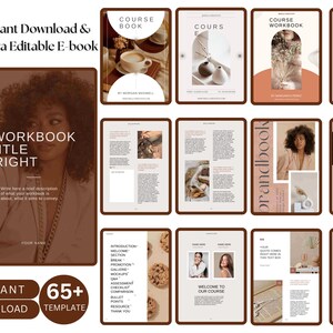 May include: A digital workbook template with a brown and beige color scheme. The cover features a woman with curly hair and the text "Workbook Title Right". The template includes 65+ pages and is designed for use with Canva.