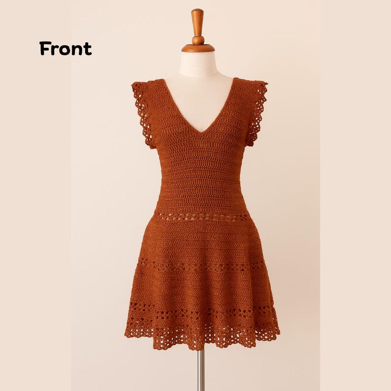 Front view of a handmade summer crochet dress featuring a fitted bodice, flared skirt, and lace sleeves, made using a crochet summer dress pattern.