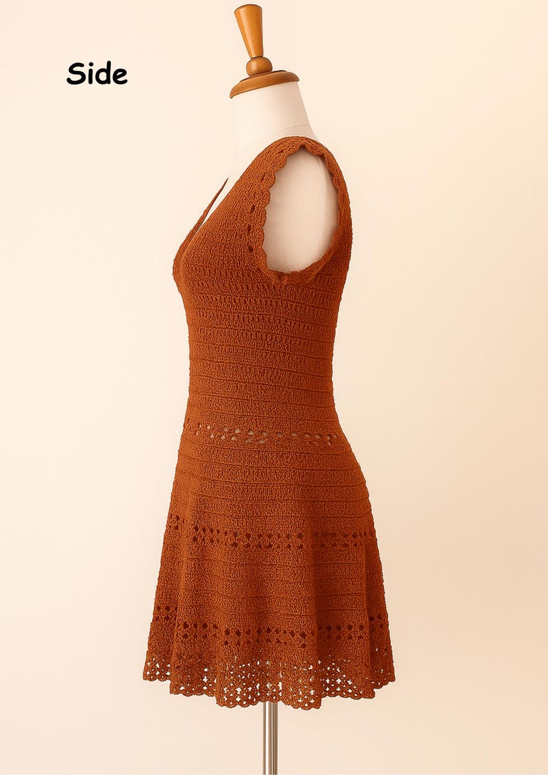 Side view of a handmade summer crochet dress featuring a fitted bodice and flared lace skirt, created using a crochet summer dress pattern.
