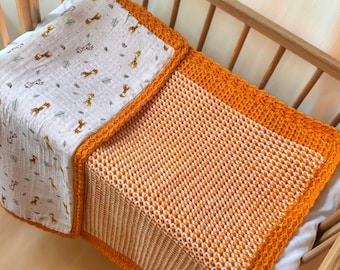 Handmade Crochet Baby Blanket, Organic Cotton Muslin, Giraffe Print, Heirloom Keepsake