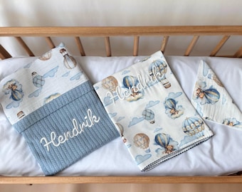 Organic Baby Blanket Gift Set with Name, Double-Sided Waffle Blanket, Muslin Swaddle, Newborn-Baby Present