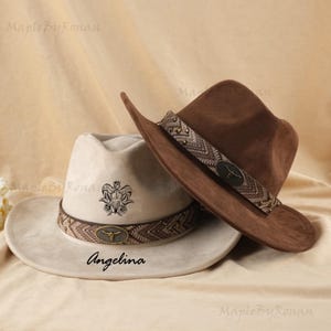 Custom Made Hand Burned Wide Brim Fedora，Logo Engraved Cowboy Hats, Wedding Hats,Vegan Suede Burnt Flower Hats One Size Fits All